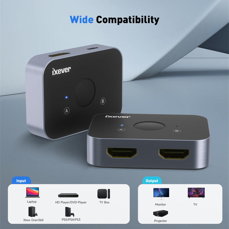 HDMI 2.1 Switch, iXever Bi-Directional 8K HDMI Switcher 2 in 1 Out, HDMI Splitter HUB 1 in 2 Out, up to 4K@120Hz, 8K@60Hz Compatible with PS5 PS4 PS3 Xbox Fire Stick Roku, Apple TV