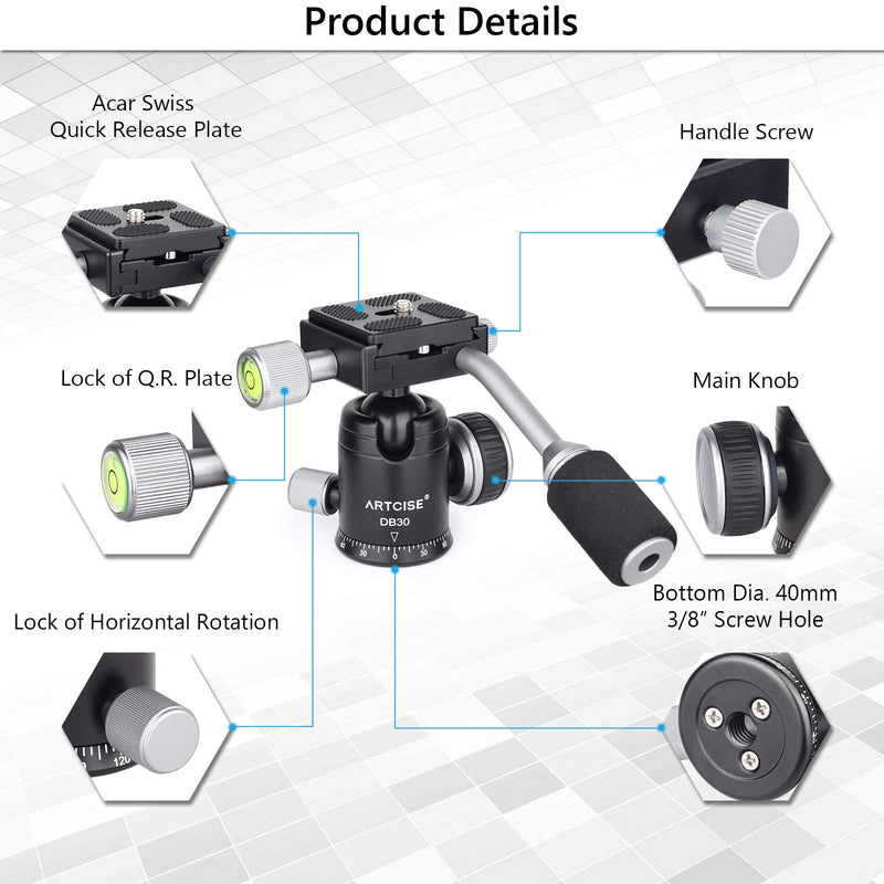 Ball Head with Handle All Metal CNC Panoramic Tripod Ball Heads Camera Mount Ball Head with Two Quick Release Plates for Tripod, DSLR, Camcorder, Telescope，Max Load 22lbs/10kg (Sliver)