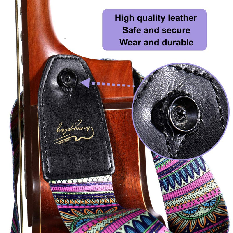 Guitar Strap - Adjustable Buckle - 3 Pick - Genuine Leather Ends, 2inch Wide, Woven Jacquard Pattern Design (Classical Pattern) Classical Pattern