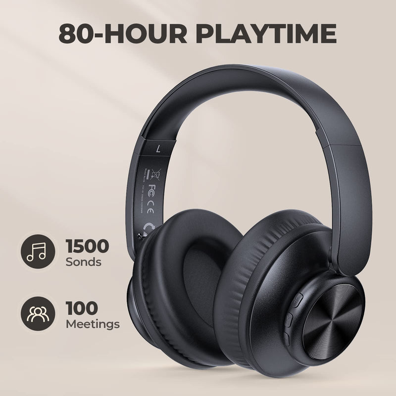 V8 Bluetooth Headphones, 80 Hours Playtime Wireless Headphones with Deep Bass,Lightweight Foldable Headphones Built-in Mic,HiFi Stereo Sound for Travel Work Laptop PC Cellphone 2EQ Black