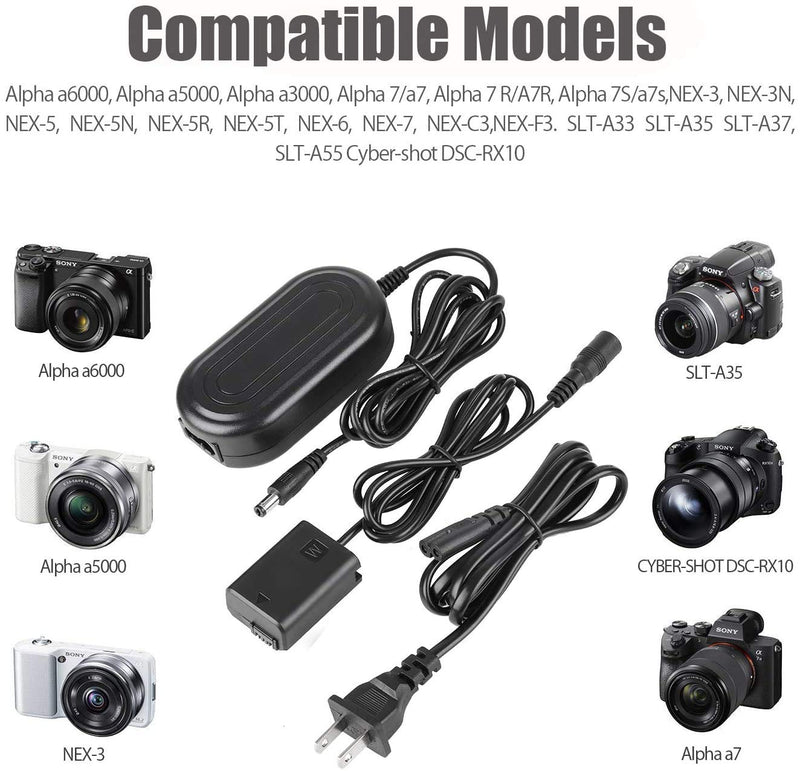 AC-PW20, PEZAX AC Power Adapter NP-FW50 DC Coupler Charger Kit (Battery Replacement) for Sony Alpha NEX-5 NEX-5A NEX-5C NEX-5CA NEX-5CD NEX-5H NEX-5K NEX-3 NEX-3A NEX-3C NEX-3CA