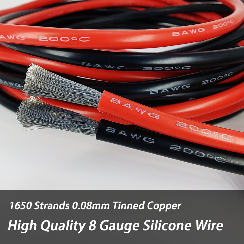 Shonsin 8 Gauge Silicone Wire 10ft Black & 10ft Red, Ultra Flexible 8 AWG Welding Cable 1650 * 0.08mm Stranded Tinned Copper 600V 200℃ - RC, Battery, Car, Inverter 8AWG 10FT&10FT Red & Black
