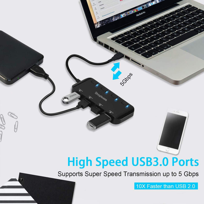 4-Port USB 3.0 Hub with Individual Power Switches and Lights, High-Speed Data Hub Splitter Portable USB Extension Hub for PC Laptop and More