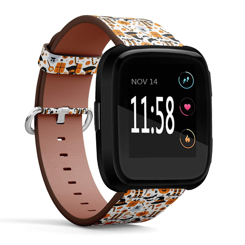 Compatible with Fitbit Versa, Versa 2, Versa Lite - Quick Release Leather Wristband Bracelet Replacement Accessory Band - Halloween Pumpkin