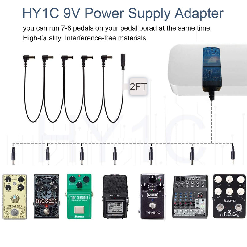 HY1C 9V 1.5A Power Supply Adapter for Guitar Multi Effects Pedal Casio Keyboard, with 5 Way Daisy Chain Cable, Center Negative, AC to DC 9 Volt, 6.6 Ft Cord