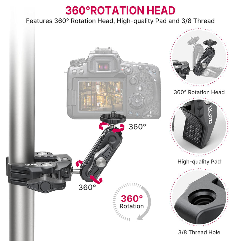 ULANZI Super Clamp Camera Clamp Mount Monitor 360° Ballhead Magic Arm Double Ball Head Adapter with 1/4"-20 & 3/8"-16 Thread for Canon Nikon DSLR Camera/Gopro/LED Lights/Ronin-M/Ronin MX/Freefly MOVI Gopro Adapter Kit