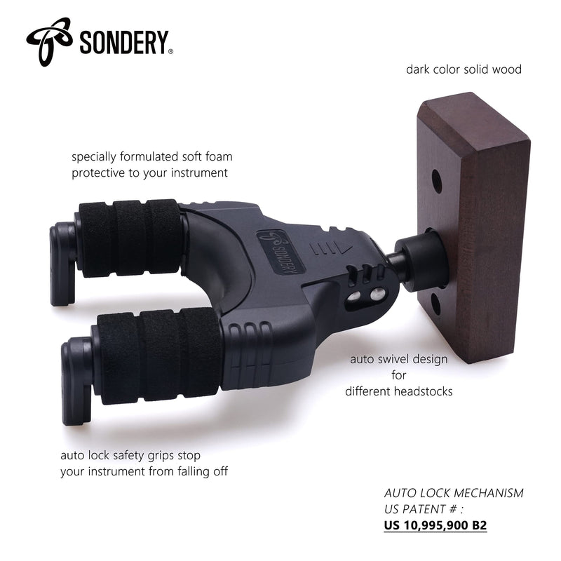 Sondery Guitar Hanger Wall Mount, Auto Lock and Adjustable Hook Holder for Acoustic and Electric Guitar, Ukulele, Bass, Banjo and Mandolin 1 PACK