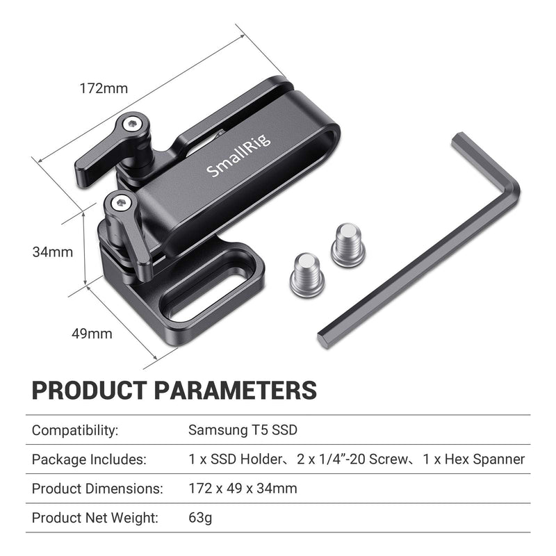 SMALLRIG Mount Bracket SSD Holder for Samsung T5 SSD with 1/4”-20 Threads, Compatible with SMALLRIG Cage for BMPCC 4K & 6K and Z CAM (New Version) – 2245B