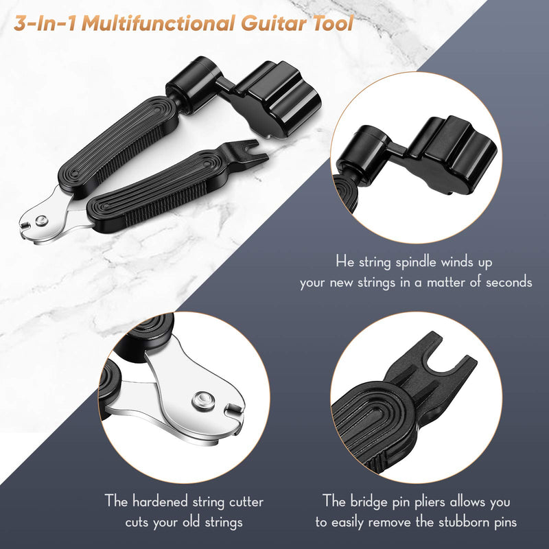 eBoot 3-in-1 Guitar String Winder Cutter and String Pin Puller Multifunctional Guitar Repair Tool with 8 Pieces Guitar Picks Including 0.46 mm, 0.71 mm, 0.96 mm, 1.2 mm