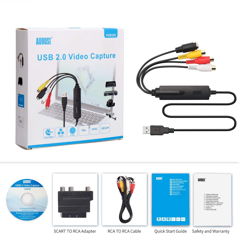 August USB Video Capture Card Grabber VGB350 - Transfer VHS Mini DV Hi8 DVD to Computer for Windows 11,10,8,7, Composite S-Video, PAL/NTSC/SECAM, Convert Video from VCR & Camcorder