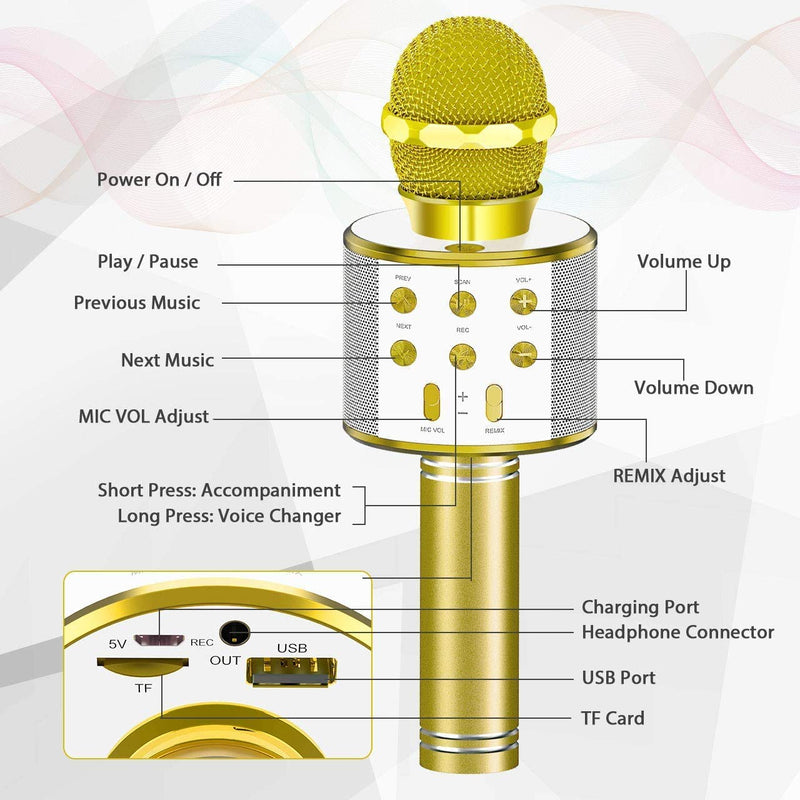 SUNY Wireless Bluetooth Karaoke Microphone with Speaker & Record Function, Best Gift Singing Toy for Kid (Gold) Gold