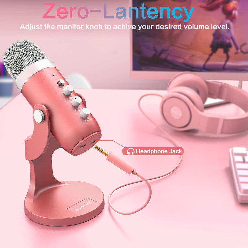 ZealSound Gaming USB Microphone,Pink Microphone with Quick Mute for Phone Computer PC PS5,Studio Mic with Gain Control,Echo&Monitor Volume Adjust for Streaming Vocal Recording ASMR Podcast Video K66