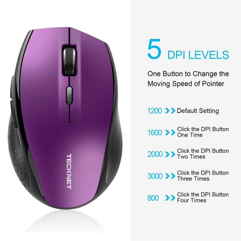 Bluetooth Wireless Mouse, TECKNET 5 Adjustable DPI Levels, 24-Month Battery Life, 6 Buttons Compatible for Ipad/Laptop/Surface Pro/Windows Computer/Chromebook-Purple Purple