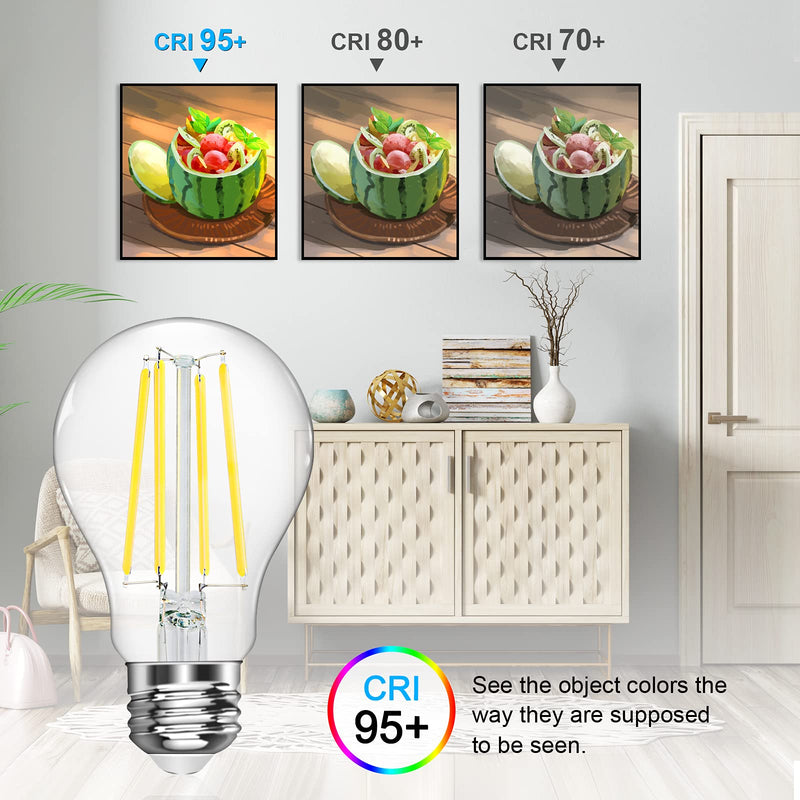 LANGREE A19 LED Light Filament Bulbs, 4000K Daylight White, Equivalent 60 Watt, E26 Medium Base Led Bulb, Non-Dimmable, High CRI 95+ Led Bulb, Clear Glass for Bathroom Kitchen Dining Room, Pack of 6