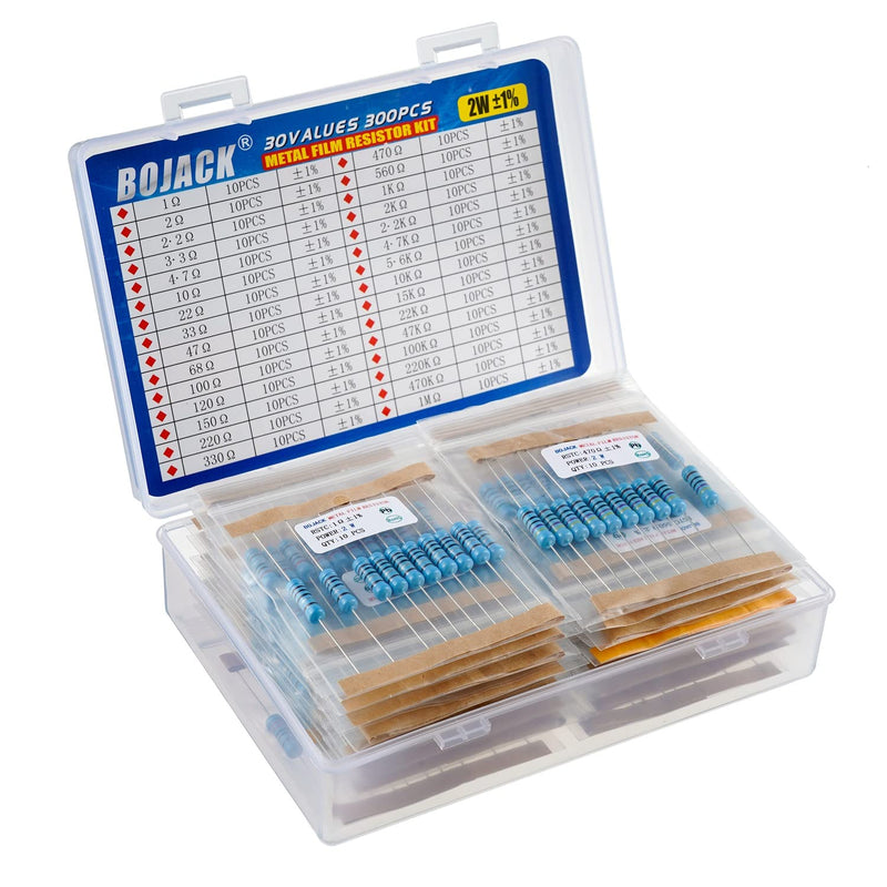 BOJACK 300 Pcs 30 Values Resistor Kit 1 Ohm - 1M Ohm with 1% 2W Metal Film Resistors Assortment 2 W