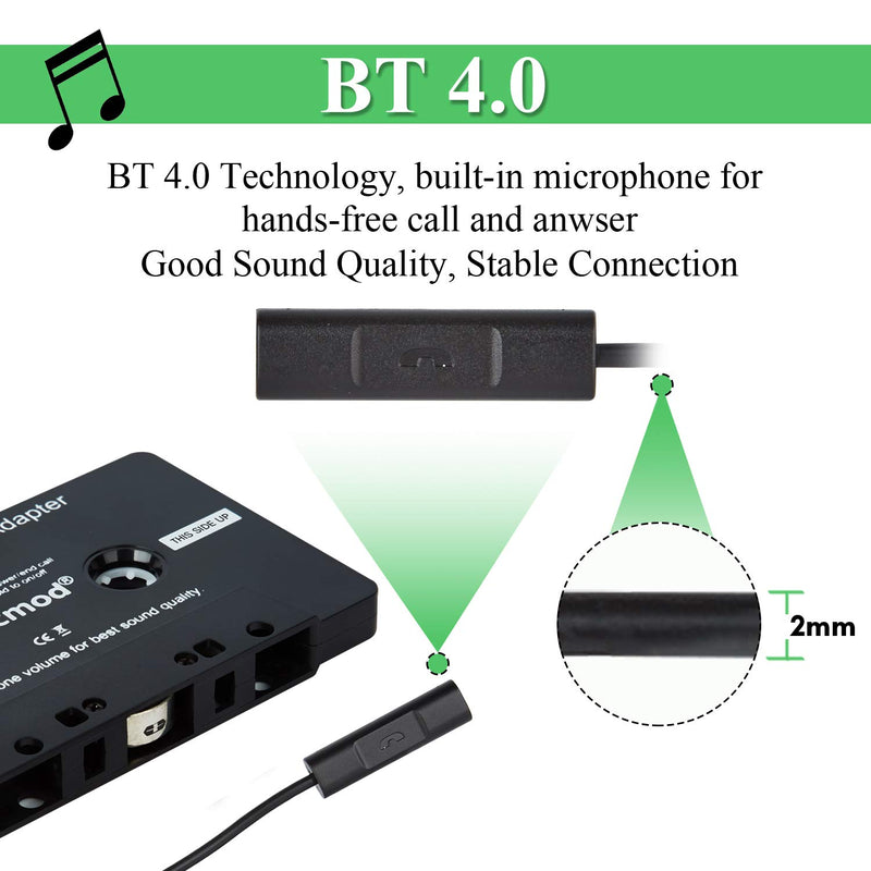 CICMOD Car Audio Aux Cassette Adapter BT4.0 Music Receiver for Cassette Decks with Built-In Microphone Hands Free Auxiliary Adapter