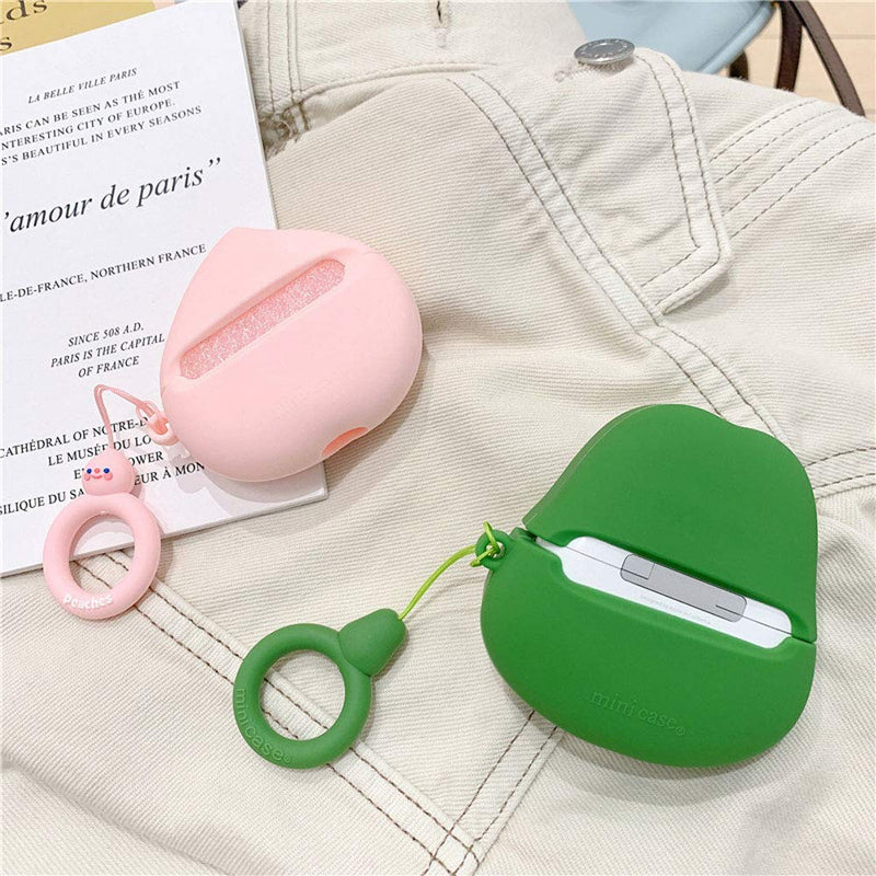 TOU-BEGUIN Airpods Charging Case, Cute Smiling Face Fruits Avocado Design Wireless Charging Earphone Cover, Soft Silicone Anti-Scratch Full Protective Skin For Airpods 1 & 2 With Hanging