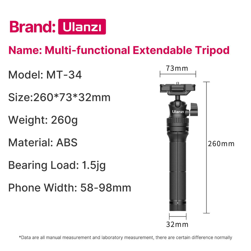 Ulanzi MT-34 Extendable Pole Tripod Mini Tabletop Tripod Selfie Stick with 2 in 1 Phone Clamp, Travel Tripod for Phone 12 Canon G7X Mark III Sony ZV-1 RX100 VII A6600 Vloging Filmmaking Live Streaming