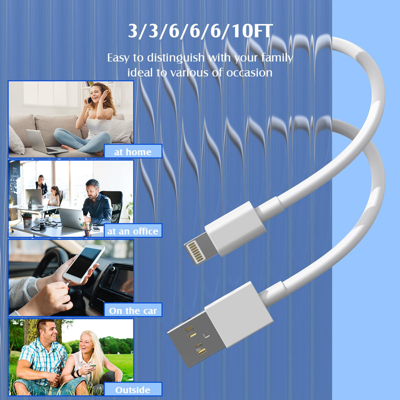 iPhone Charger[Apple MFi Certified] 6Pack（3/3/6/6/6/10 FT） Lightning Cable Power Fast Charging Cord Cable Compatible iPhone 14/13 /12/11 Pro MAX/XR/XS/8/7/Plus/6S/SE/iPad(White)