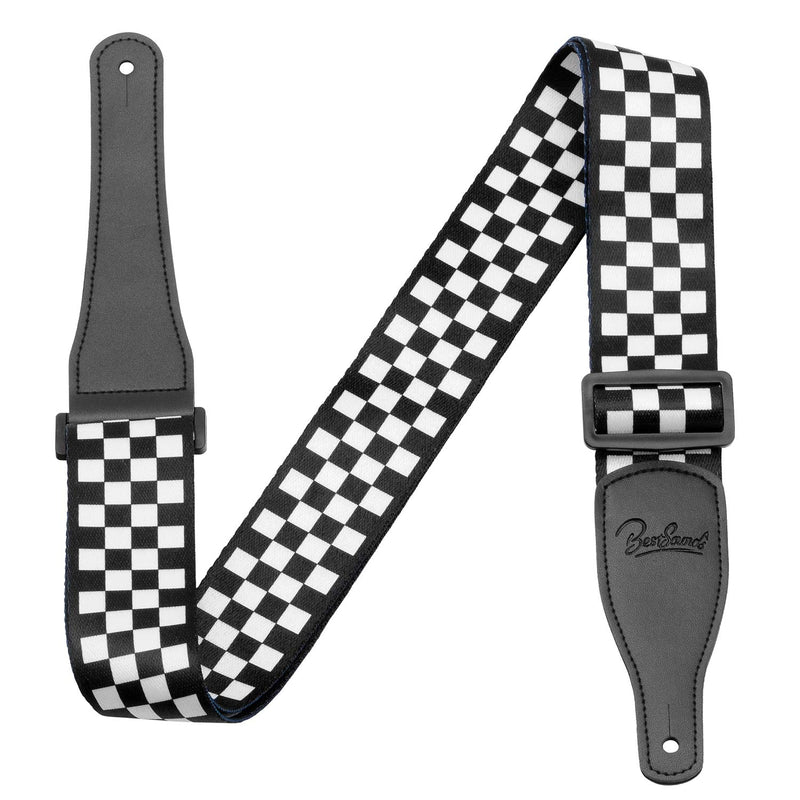 BestSounds Checkered Guitar Strap & Genuine Leather Ends Guitar Shoulder Strap,Suitable For Bass, Electric & Acoustic Guitars (Black and White Checkered)