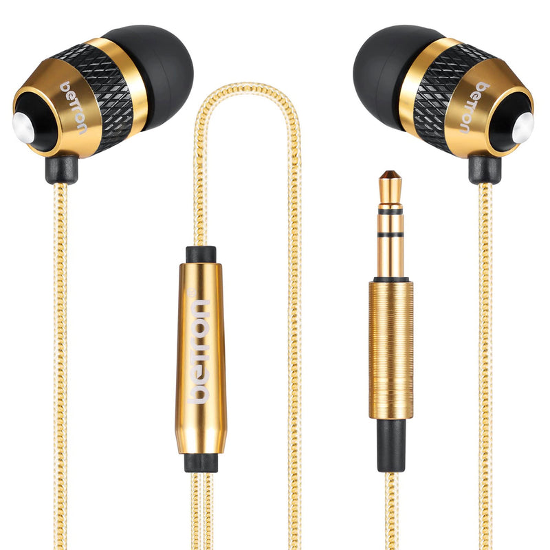 Betron B25 Earphones, Noise Isolating in-Ear Wired Headphones with Strong Bass, Tangle-Free Cord, Lightweight, Carry Case and Soft Earbud Tips Gold