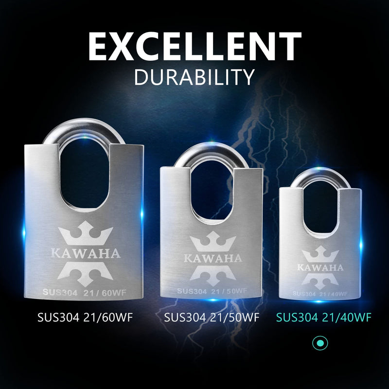 KAWAHA 21/40KA-5K High Security Stainless Steel Shrouded Padlock with Key for Both Indoor and Outdoor use (SUS304 Stainless Steel, Heavy Duty, Anti-Rust) (1-9/16 in. (40mm), Keyed Alike - 5 Keys) 1-9/16 in. (40mm)