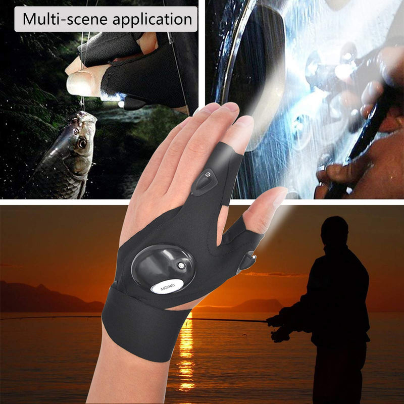 LED Flashlight Glove Gifts for Men Father Day Outdoor Fishing Gloves Dad Men Gifts with Stretchy Strap Screwdriver for Repairing Cars Night Running Fishing Camping Hiking in Dark Place A pair of black gloves