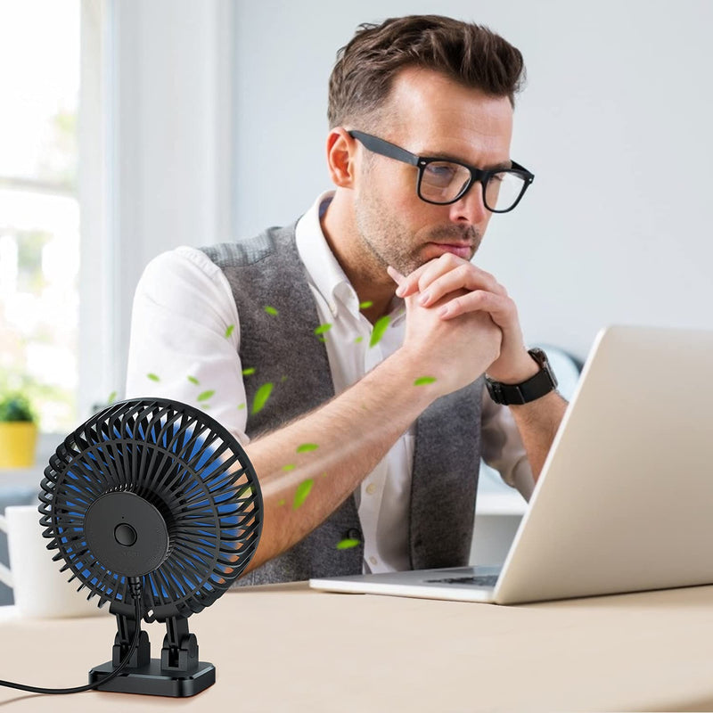 JZCreater USB Desk Fan, 5INCH Mini Fan, 3 Speeds Adjustable Desktop Table Cooling Fan, Rotation Strong Wind, Quiet Personal Fan for Home Office Car Travel, Black Blue