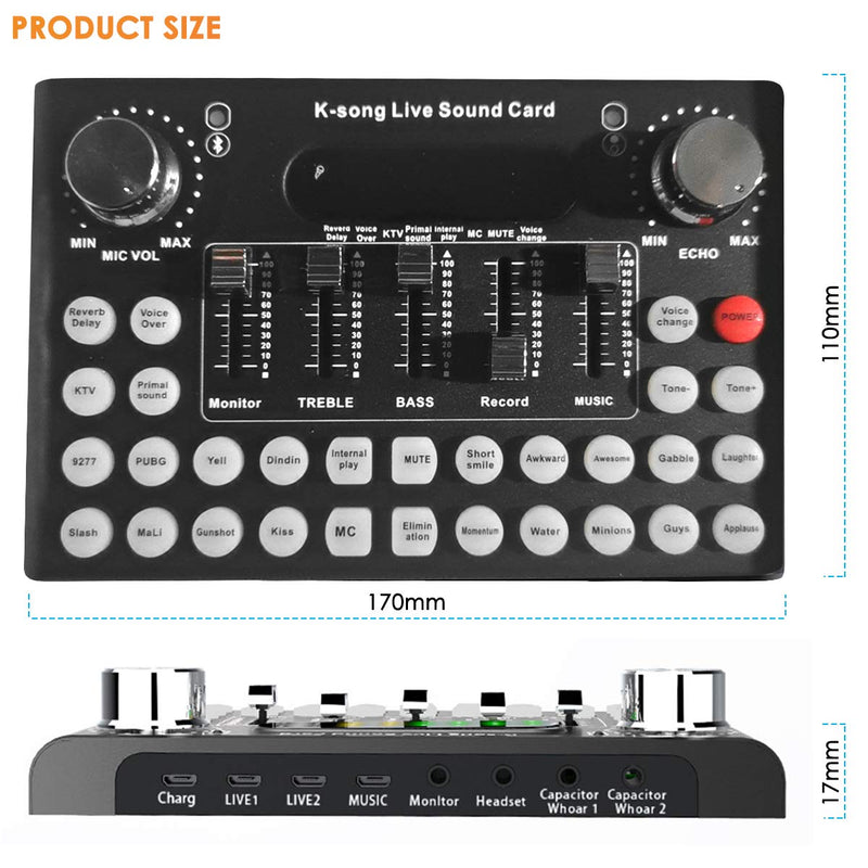 [AUSTRALIA] - SOONHUA Bluetooth Mini Sound Mixer Board, Universal Voice Changer External Live Sound Card with 18 Sound Effects for Karaoke Singing Music Recording for Phone Laptop Computer Black 