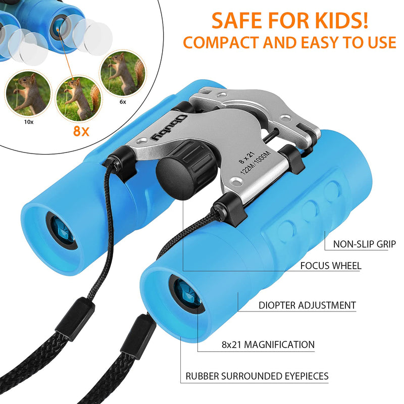 OBUBY Real Binoculars for Kids Gifts for 3-12 Years Boys Girls 8x21 High-Resolution Optics Mini Compact Binocular Toys Shockproof Folding Small Telescope for Bird Watching,Travel, Camping Sky Blue