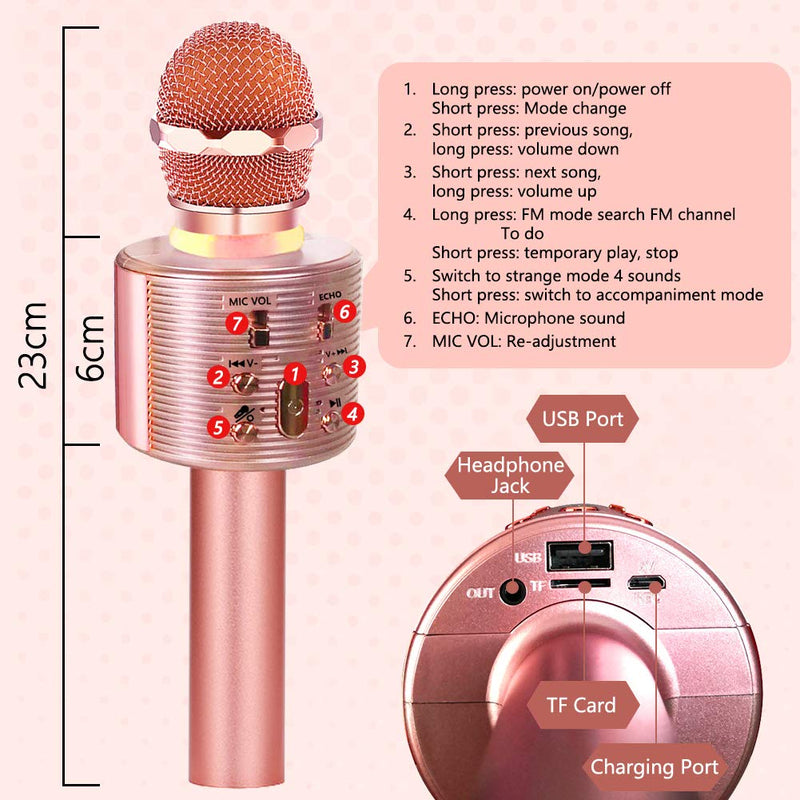 [AUSTRALIA] - Karaoke Microphone for Kids, Bluetooth Microphone with LED Lights, XIANRUI Portable Karaoke Machine for Kids and Adults, Perfect for Home KTV Birthday Party, Compatible for Android iOS (all rose gold) all rose gold 