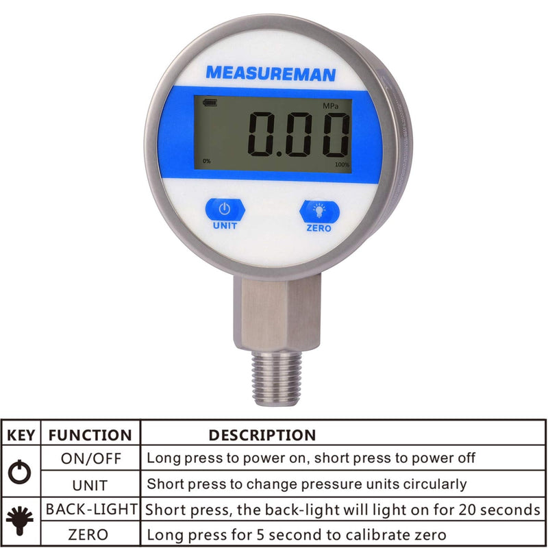 [AUSTRALIA] - MEASUREMAN 2-1/2" dial, Digital Industrial Vacuum Gauge with 1/4"NPT Lower Mount, Stainless Steel case and Connection, 15psi, 1%,Battery Powered, with LED Light 2-1/2" Dial, -15psi vacuum 1% 