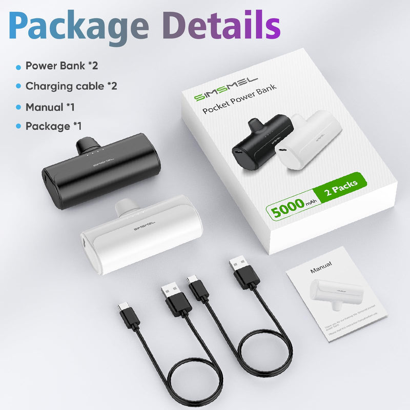 Simsmel Small Portable Charger for iPhone 5000mAh 2 Packs with Built in Cable, MFi Certified Compact Power Bank Cordless External Battery Pack for All iPhone Series 14/13/12/11/XR/X/SE/8/7/6 Pro Max
