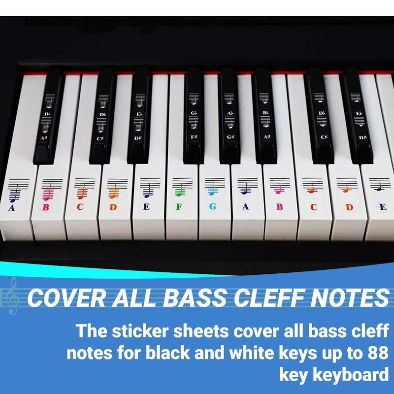 QMG Color Piano and Keyboard Music Note Full Set Stickers for White and Black Keys; Made in USA