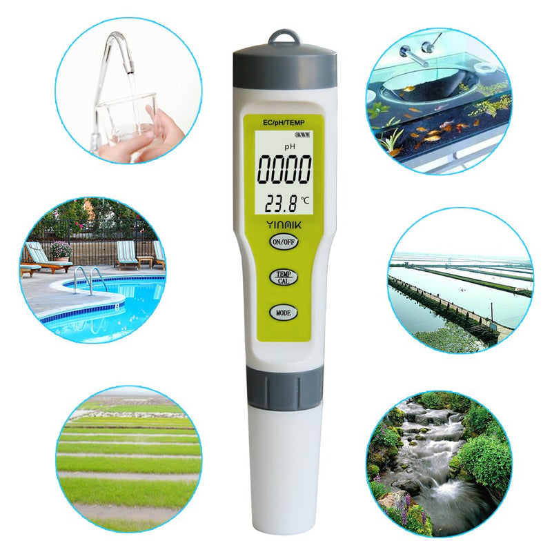 YINMIK PH Tester Digital, PH/EC/Temperature Meter 3-in-1, 0.01pH High Accuracy, 0.01pH Resolution, 0-14pH Measurement Range, Water Quality Tester with Auto Calibration for Hydroponic, Aquariums, etc