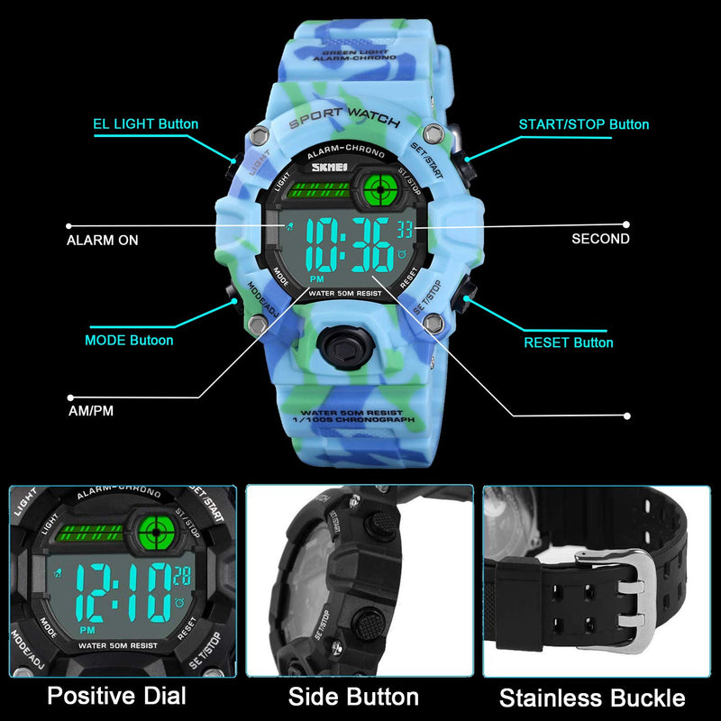 Kids Watch Sport Multi Function 30M Waterproof LED Alarm Stopwatch Digital Child Wristwatch for Boy Girl Light Blue Camouflage