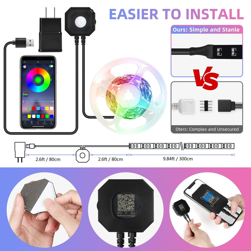 [AUSTRALIA] - Motion Activated LED Light Strip with APP Control, 9.8ft RGB Motion Sensor Under Bed Lights with 4 Timing Off Modes, USB 5V Plug-in Dimmable Night Light for Bed,Wardrobe,Cabinet,Staircase Decor LED Lights- 1 Kit 