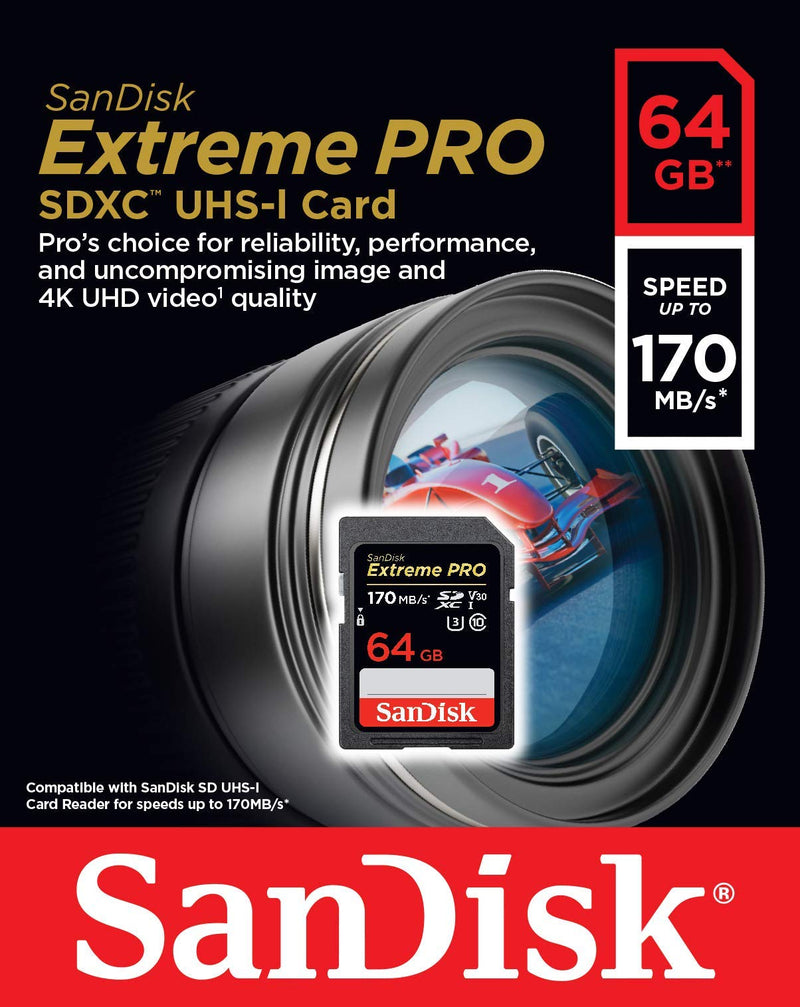 SanDisk 64GB Extreme PRO SDXC UHS-I Card - C10, U3, V30, 4K UHD, SD Card - SDSDXXY-064G-GN4IN Card Only