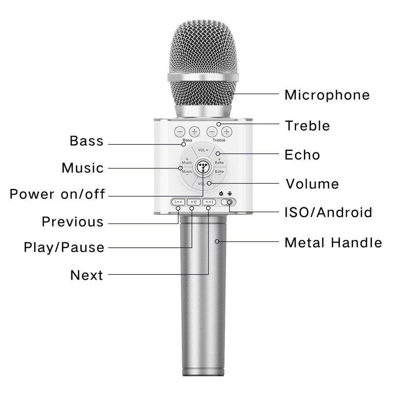 [AUSTRALIA] - TOSING 04 Wireless Bluetooth Karaoke Microphone Speaker 3-in-1 Handheld Sing & Recording Portable KTV Player Mini Home KTV Music Machine System for iPhone/Android Smartphone/Tablet Compatible (silver) silver 