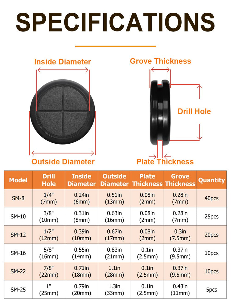 110 PCS Rubber Grommet 1"、 7/8"、5/8"、1/2"、13/32"、5/16"Drill Hole- Firewall Hole Plug Set, Electrical Wire Gasket Kit, Rubber Gasket Kit，Firewall Plug Grommet,Double-Sided Round for Automotive