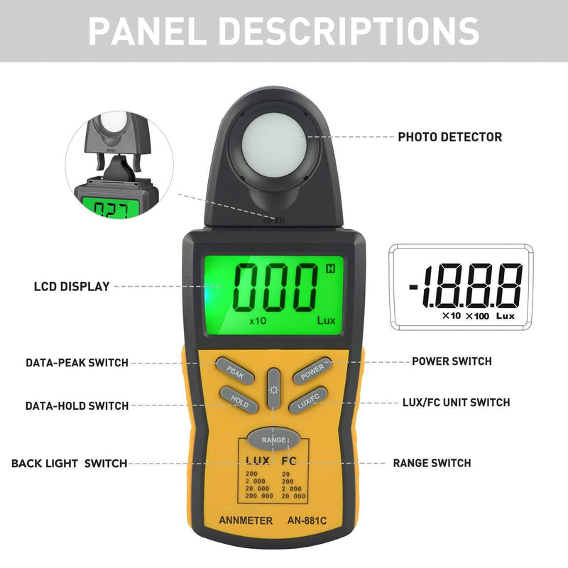 ANNMETER AN-881C Digital Illuminance Meter, Lux Meter with 0.1~200,000 Lux (0.01~20,000FC) Measuring Ranges, Light Meter for Plants and Photography, Lumen Meter with Data Hold and Back Light AI-881C Illuminance meter Range 0.1~200,000Lux