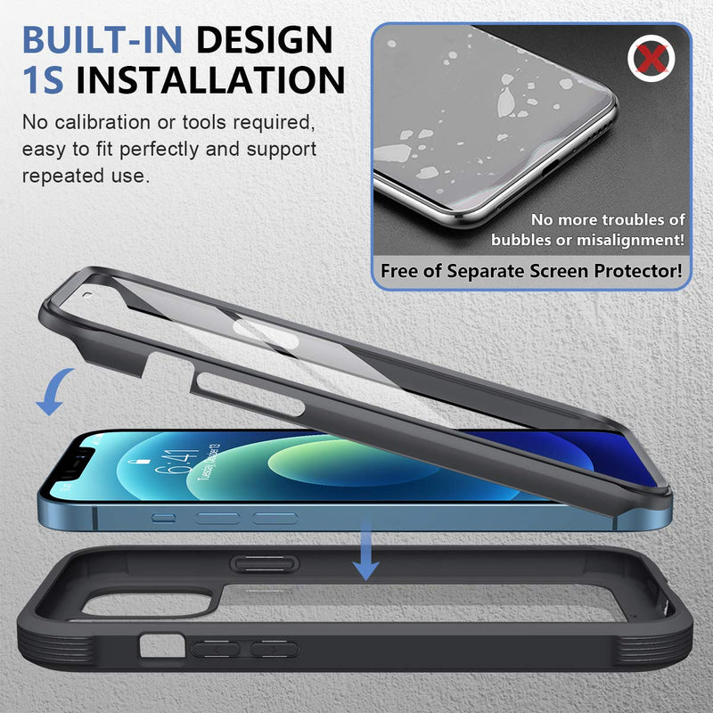 Miracase Glass+ Case for iPhone 12/ iPhone 12 Pro 6.1 inch, 2020 Full-Body Clear Bumper Case with Built-in 9H Tempered Glass Screen Protector for iPhone 12/ iPhone 12 Pro Black