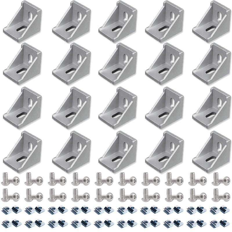 [AUSTRALIA] - 20pcs Aluminum Profile Connector Set,20pcs Corner Bracket,40pcs M5 Slide in T Nuts,40pcs Hex Screw Bolt and 1pcs Wrench for 2020 Aluminum Extrusion Accessories Silver-20Set 