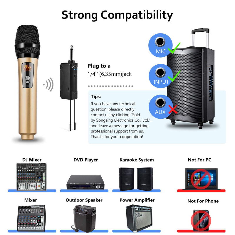 [AUSTRALIA] - Wireless Microphone System,Songsing Rechargeable Microphone Karaoke Built-in 1200 mAh,UHF Wireless Handheld Microphone,1/4" (6.35mm) Plug,260 ft Wireless mic for mic Karaoke/Singing/House Parties 