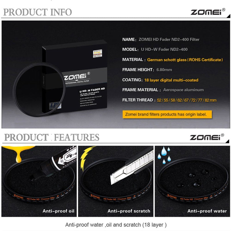 Zomei 82mm HD Ultra Slim 18 Layer Super Multi-Coated ND2-ND400 Fader Variable Neutral Density Lens Filter Adjustable ND Filter German Schott Optical Glass