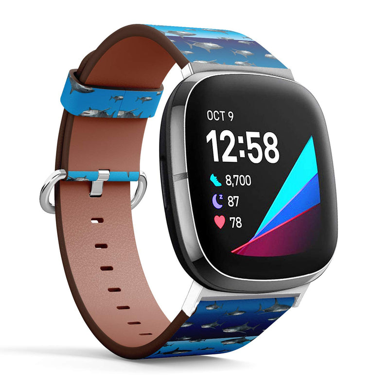 MysticBand Replacement Leather Band Compatible with Fitbit Versa 3 and Fitbit Sense, Wristband Bracelet Accessory - Cute Sharks On