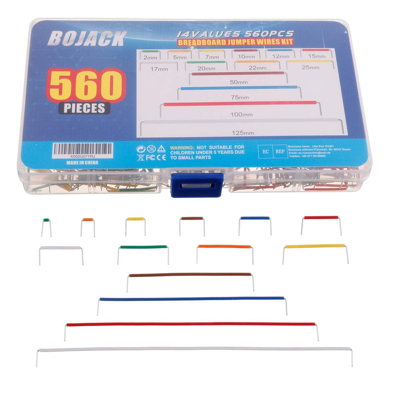 BOJACK 14 Vaules 560 pcs 2-125mm Solderless Flexible Breadboard Connecting Line Cables Breadboard Jumper Wires kit 14 Vaules 2-125mm / 560 Pcs