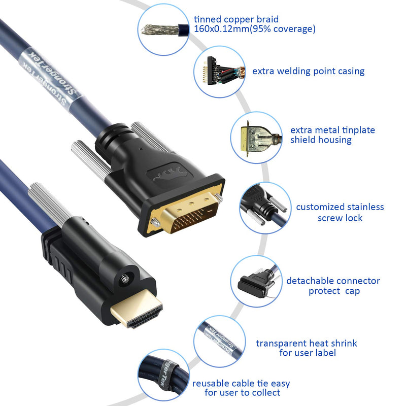 hdmi to dvi Cable,Bi-Directional,hdmi to dvi Adapter,StrongerTek 4k@60Hz hdmi to dvi with Screw Lock and Protect Cap,28AWG,OD8.5mm,Stronger Anti-EMI (1.5m/5ft) 1.5 Meters