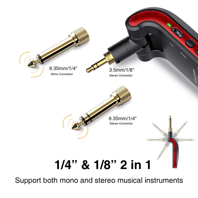 LEKATO Stereo 2.4Ghz Wireless Guitar Transmitter Receiver with 1/4” & 1/8” Plugs Rechargeable Digital Wireless Guitar System for Mono/Stereo Sound Musical Instruments Black+Red