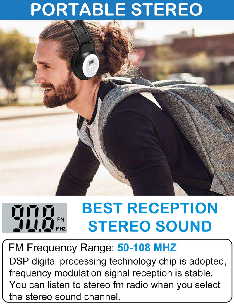 ZHIWHIS FM Portable Radio, Stereo Headsetwith LCD,Over Ear Foldable, Pocket Walkmen Conference Receiver, Small Wireless/Wired Headphones Operated by 2 AA Batteries for Walking/Running ZWS-308